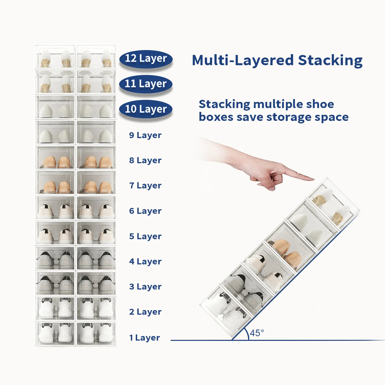 12 Pack Shoe Storage Box, Clear Plastic Stackable Shoe Organizer for Closet, Space Saving X-Large Foldable Shoe Sneaker Containers Bins Holders Fit up to Size 14 (Clear)