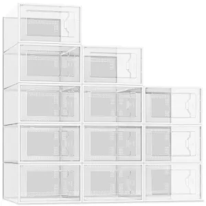 12 Pack Shoe Storage Box, Clear Plastic Stackable Shoe Organizer for Closet, Space Saving X-Large Foldable Shoe Sneaker Containers Bins Holders Fit up to Size 14 (Clear)