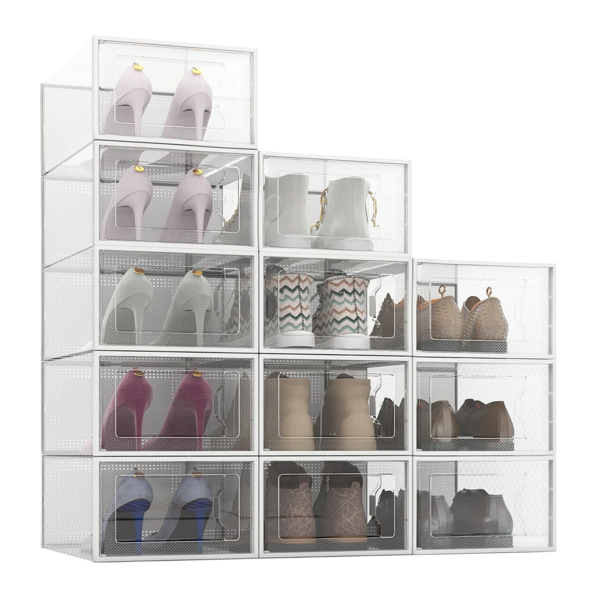 12 Pack Shoe Storage Box, Clear Plastic Stackable Shoe Organizer for Closet, Space Saving X-Large Foldable Shoe Sneaker Containers Bins Holders Fit up to Size 14 (Clear)