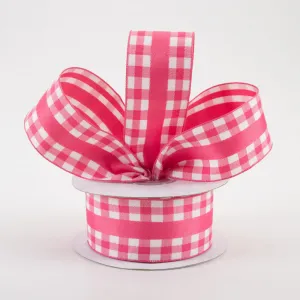 1.5"x10yd Mini Gingham w/Center Stripe Ribbon, Hot Pink/White  NV2