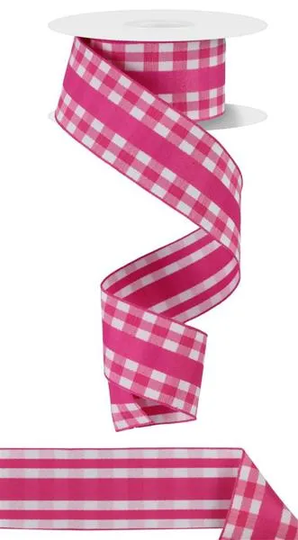 1.5"x10yd Mini Gingham w/Center Stripe Ribbon, Hot Pink/White  NV2