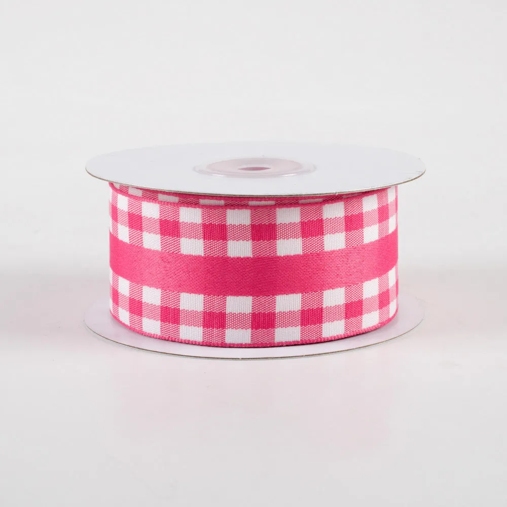 1.5"x10yd Mini Gingham w/Center Stripe Ribbon, Hot Pink/White  NV2