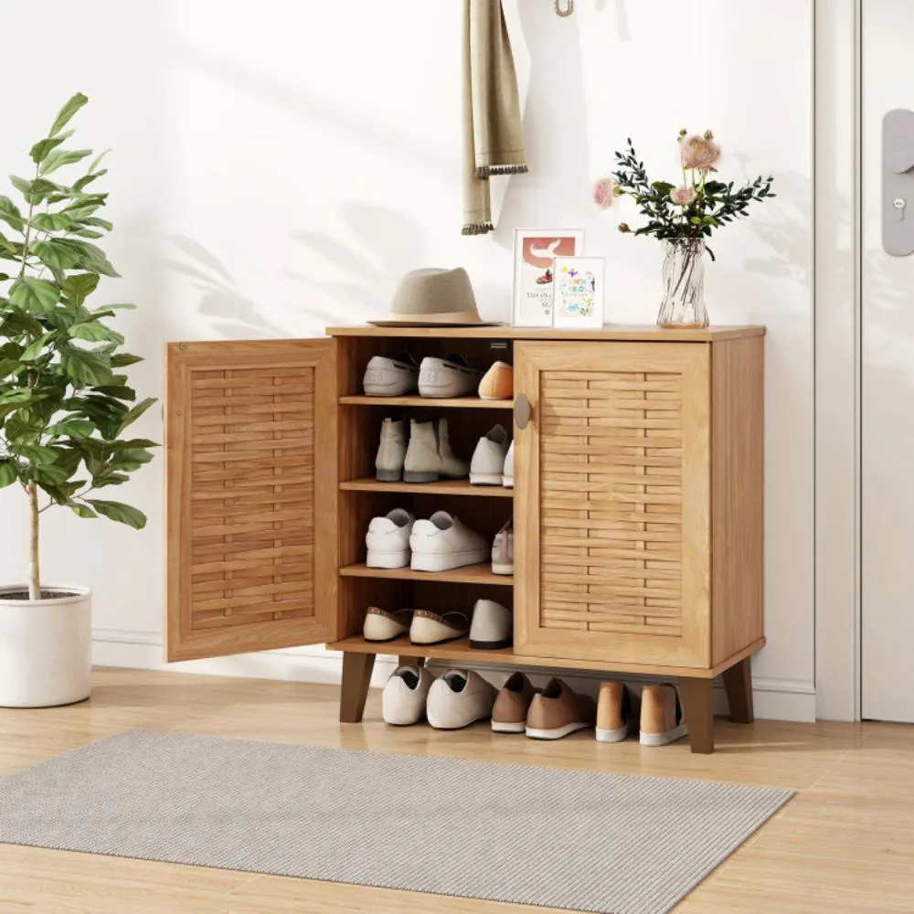 2-Door 4-Tier Shoe Cabinet Storage Organizer with Ventilated Woven Doors-Teak