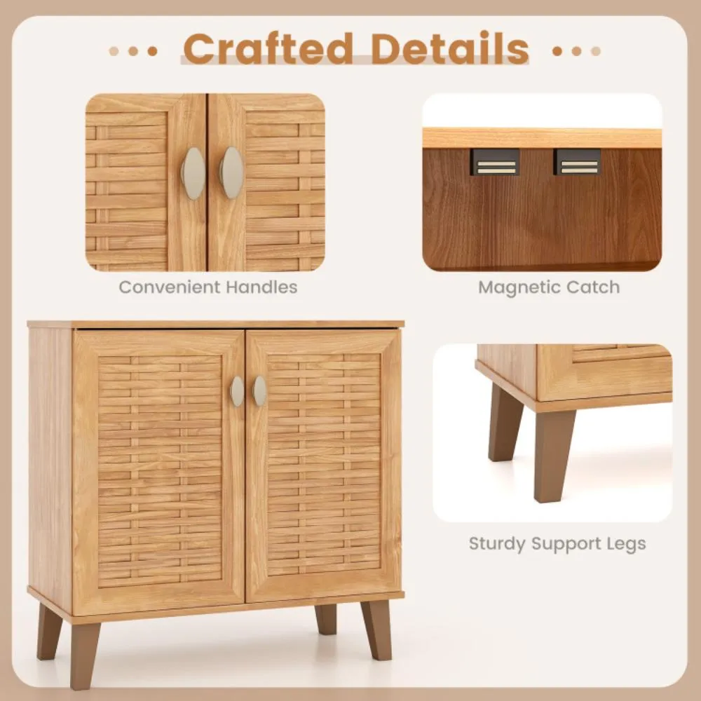 2-Door 4-Tier Shoe Cabinet Storage Organizer with Ventilated Woven Doors-Teak
