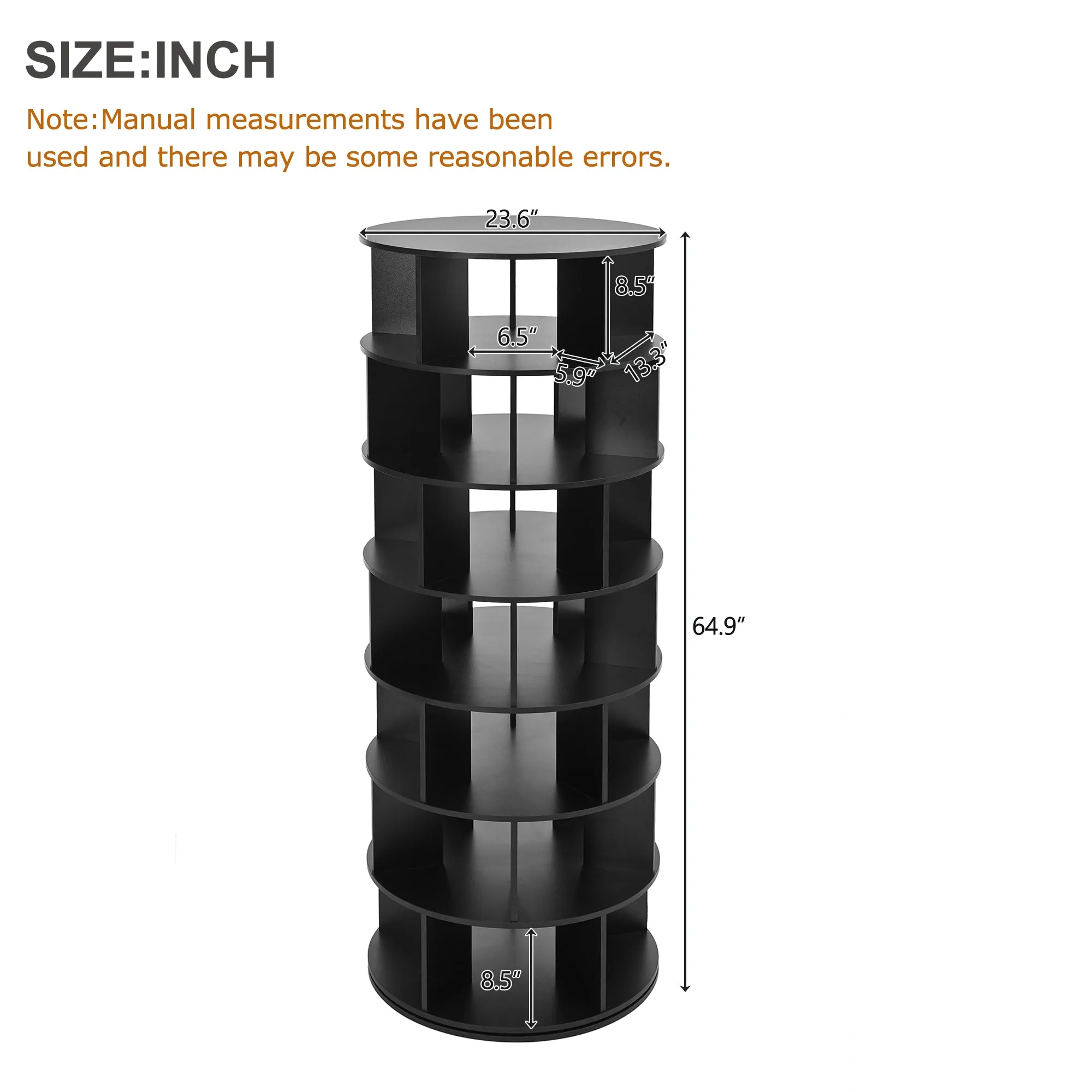 23.6'' Rotating Shoe Rack Tower, 7-Tier Spinning Shelf, 5 Grids Per Layer, 360° Revolving Carousel Organizer, Black