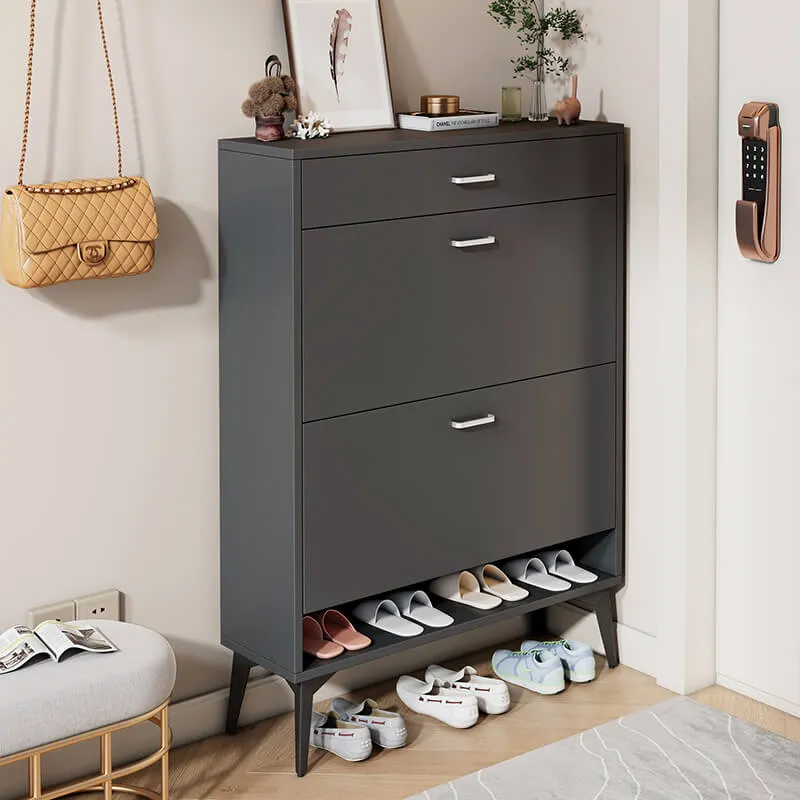 31.5" Antique Gray Wooden Shoe Storage Cabinet with 2 Flip Drawers & Metal Legs
