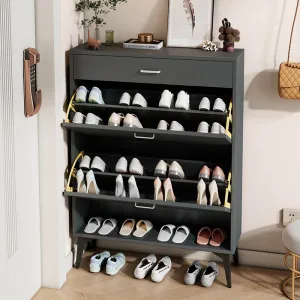 31.5" Antique Gray Wooden Shoe Storage Cabinet with 2 Flip Drawers & Metal Legs