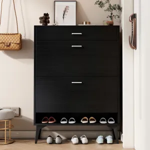 31.5" Modern Black Wooden Shoe Storage Cabinet with 2 Flip Drawers & Metal Legs