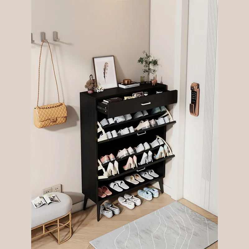 31.5" Modern Black Wooden Shoe Storage Cabinet with 2 Flip Drawers & Metal Legs