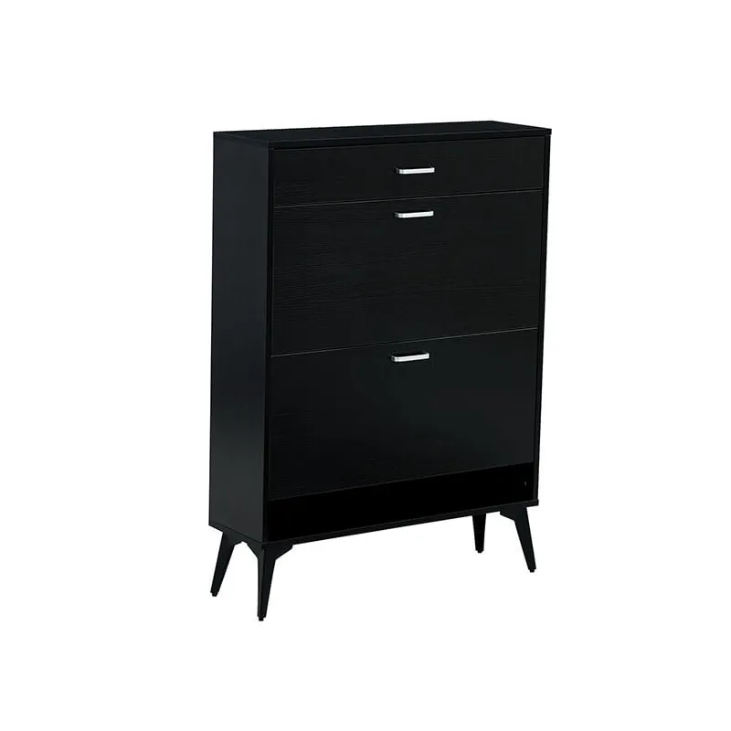 31.5" Modern Black Wooden Shoe Storage Cabinet with 2 Flip Drawers & Metal Legs