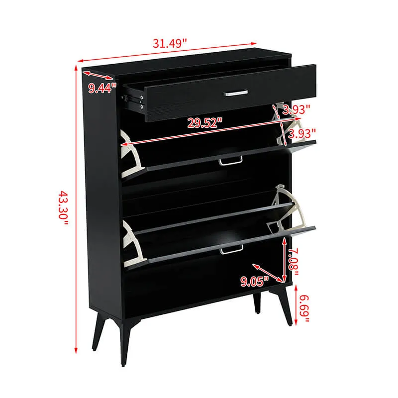 31.5" Modern Black Wooden Shoe Storage Cabinet with 2 Flip Drawers & Metal Legs