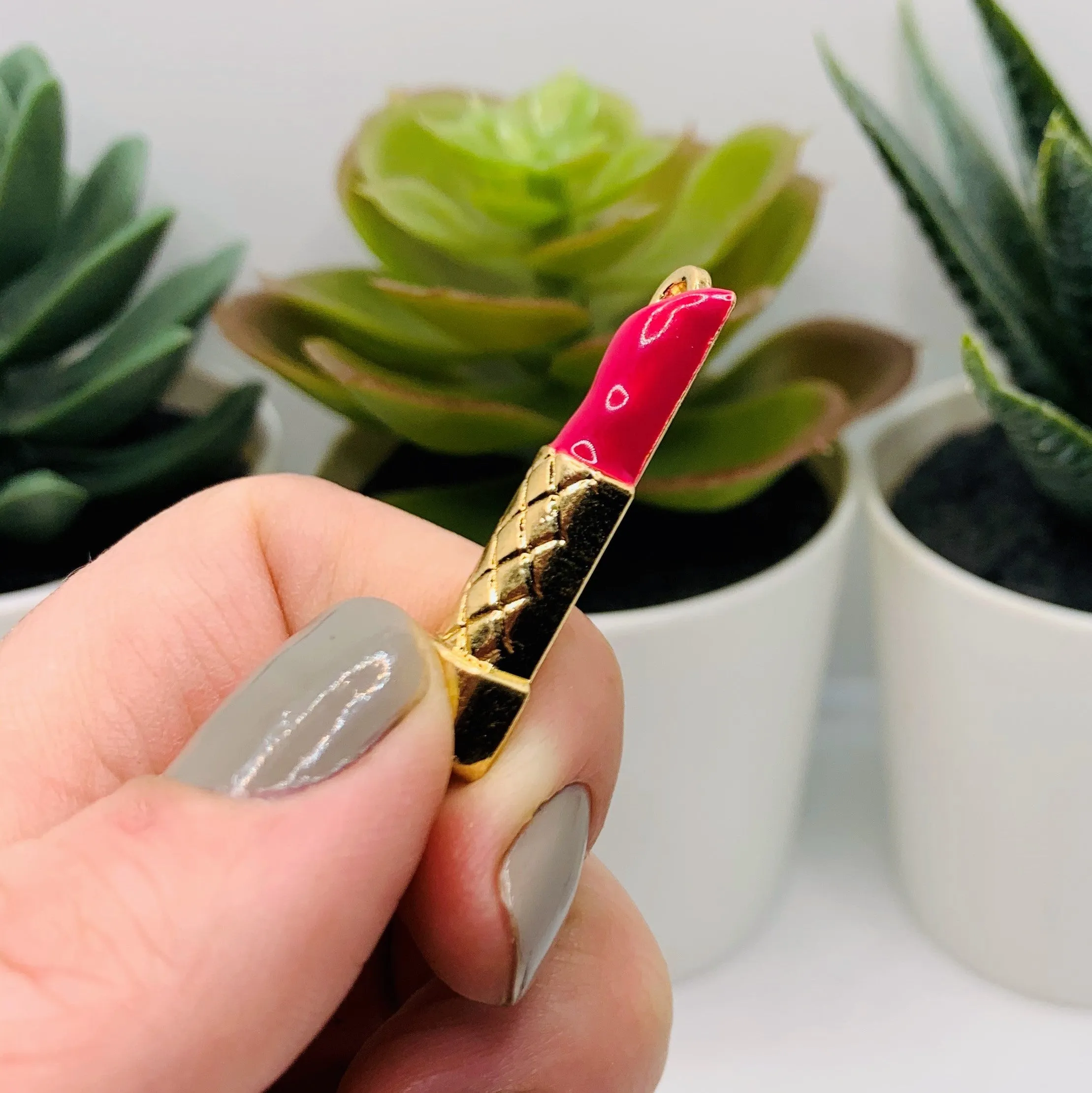 4 or 12 Pieces: Pink and Gold Lipstick Makeup Charms