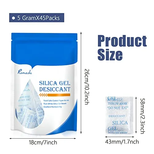 45 Pcs 5 Gram Silica Gel Packs, Transparent Desiccant, Desiccant Packets for Storage, Moisture Packs for Spices Jewelry Shoes Boxes Electronics Storage, Food Safe