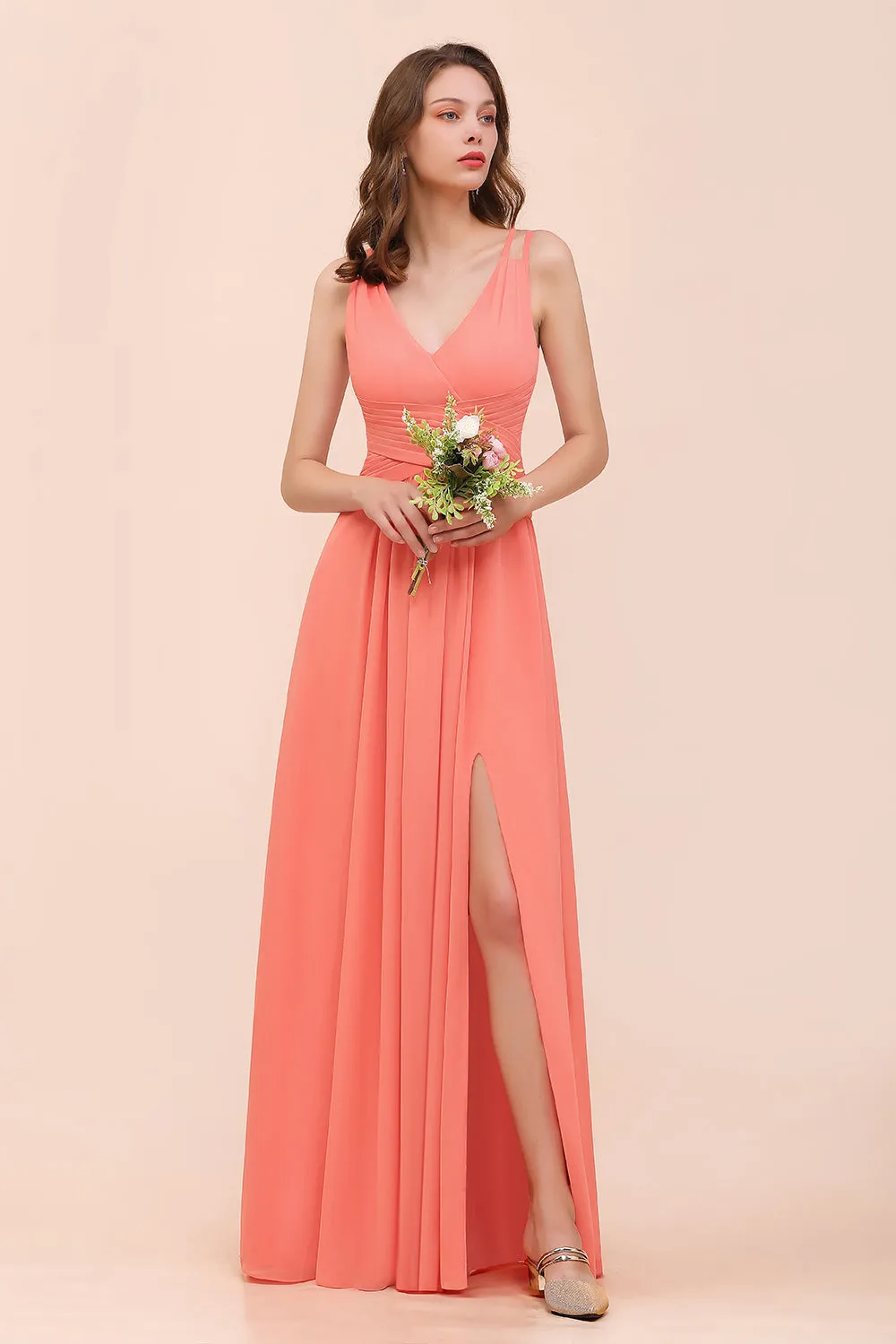 A-line V-neck Chiffon Long Bridesmaid Dress with Slit
