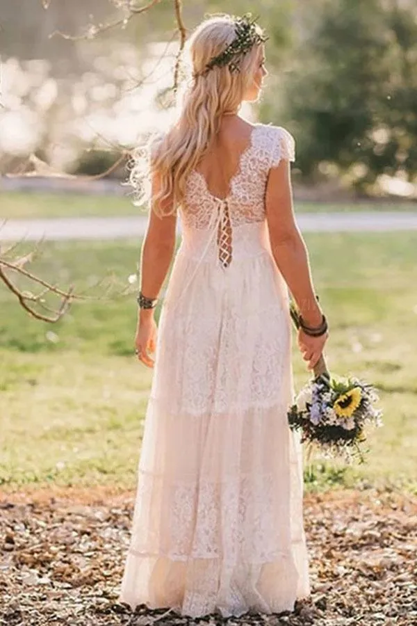 A-Line V Neck Floor Length Cap Sleeves Lace Beach Wedding Dress, Boho Wedding Dresses UQ2495