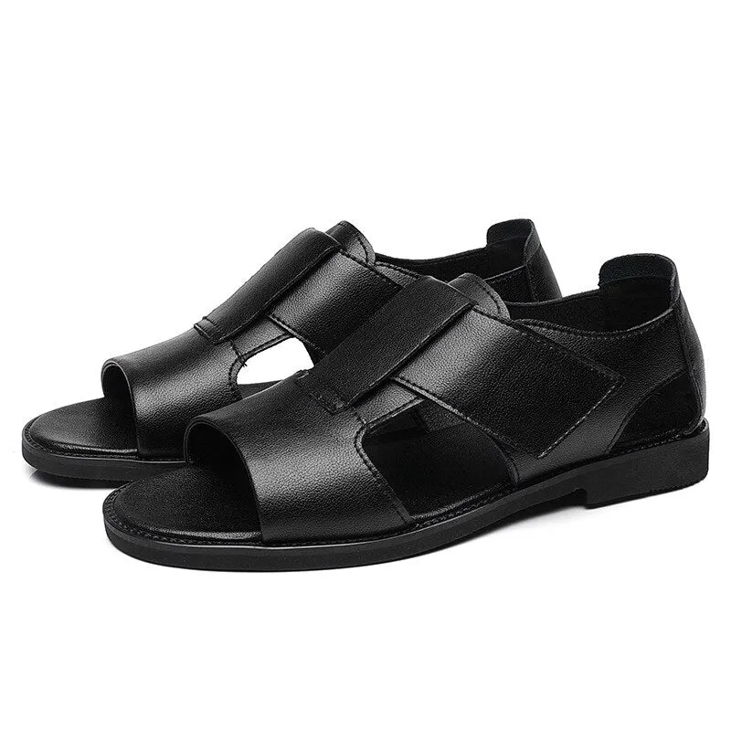 Advbridge Summer Genuine Leather Shoes Men Sandals Holiday Shoes Flat Cow Leather Mens Beach Sandals Male Footwear Black A4390