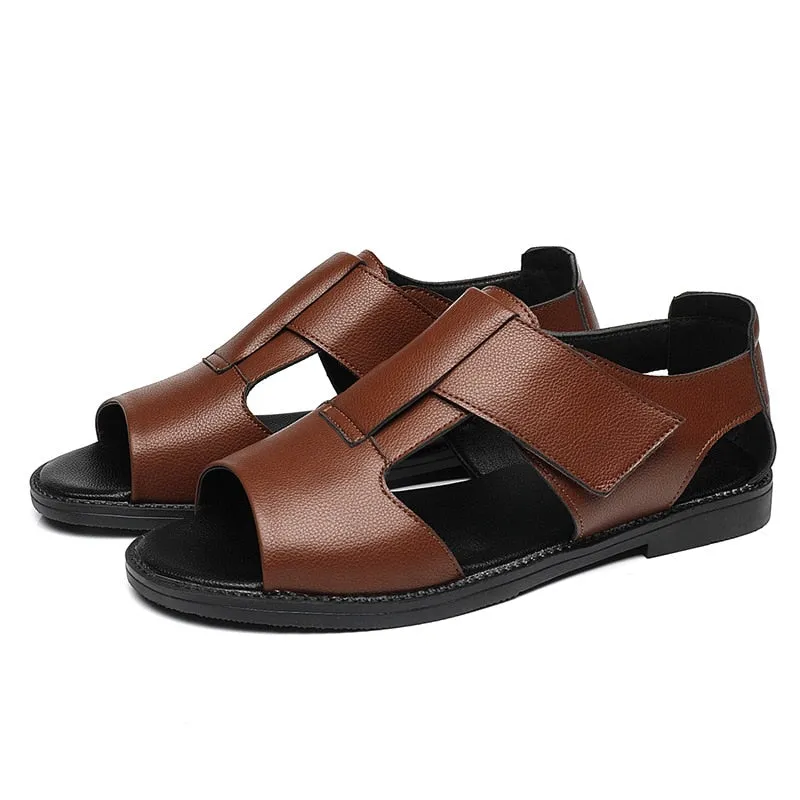 Advbridge Summer Genuine Leather Shoes Men Sandals Holiday Shoes Flat Cow Leather Mens Beach Sandals Male Footwear Black A4390