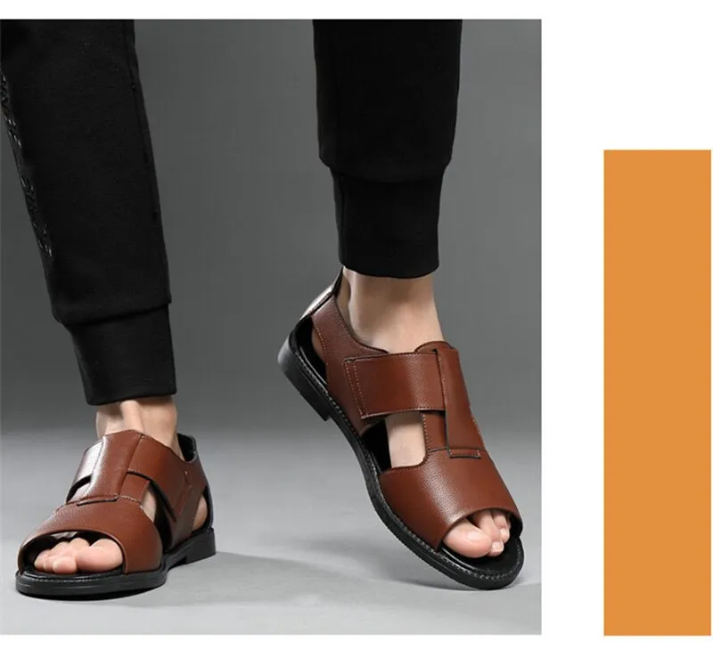 Advbridge Summer Genuine Leather Shoes Men Sandals Holiday Shoes Flat Cow Leather Mens Beach Sandals Male Footwear Black A4390