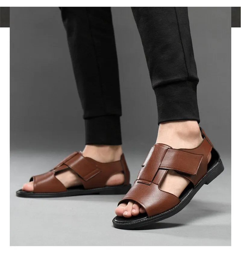 Advbridge Summer Genuine Leather Shoes Men Sandals Holiday Shoes Flat Cow Leather Mens Beach Sandals Male Footwear Black A4390