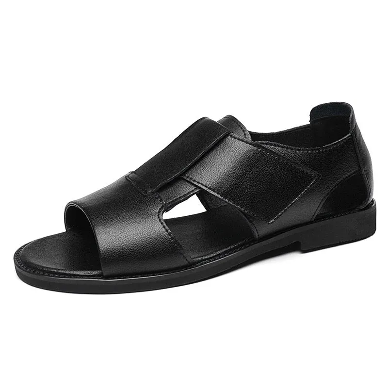 Advbridge Summer Genuine Leather Shoes Men Sandals Holiday Shoes Flat Cow Leather Mens Beach Sandals Male Footwear Black A4390