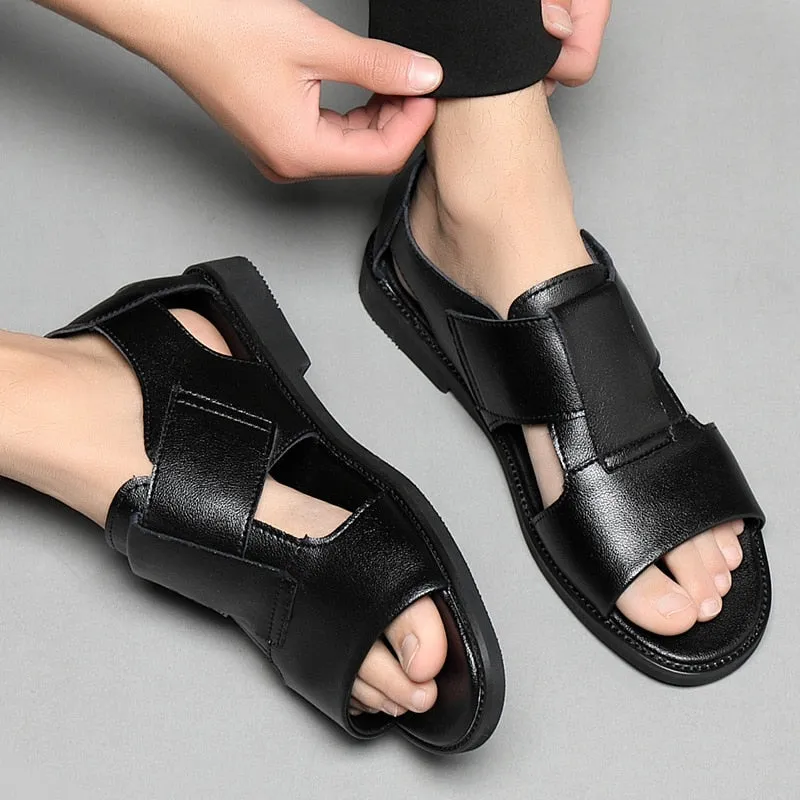 Advbridge Summer Genuine Leather Shoes Men Sandals Holiday Shoes Flat Cow Leather Mens Beach Sandals Male Footwear Black A4390
