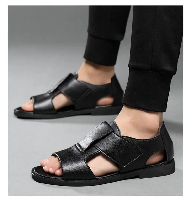 Advbridge Summer Genuine Leather Shoes Men Sandals Holiday Shoes Flat Cow Leather Mens Beach Sandals Male Footwear Black A4390