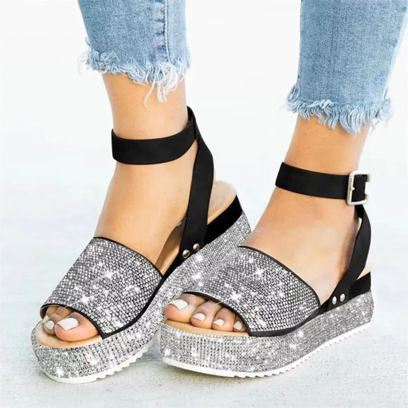 Amozae  Women Crystal Platform Sandal Woman Bling Buckle Metal Shoes Summer Female Wedges Ladies Beach Footwear Slides Plus Size 43