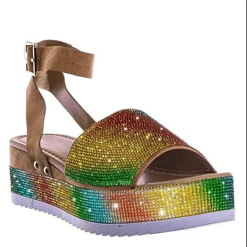 Amozae  Women Crystal Platform Sandal Woman Bling Buckle Metal Shoes Summer Female Wedges Ladies Beach Footwear Slides Plus Size 43