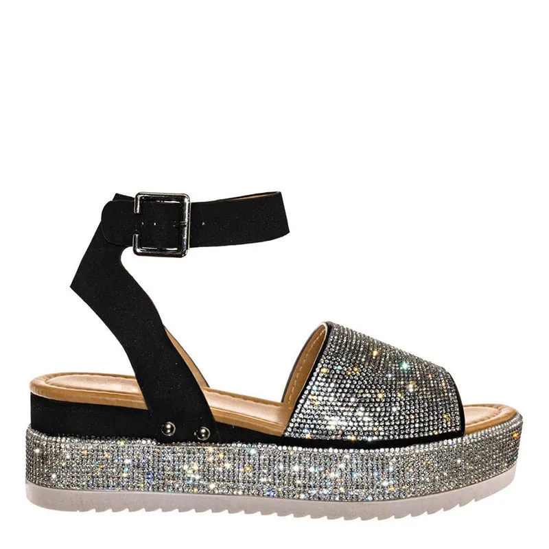 Amozae  Women Crystal Platform Sandal Woman Bling Buckle Metal Shoes Summer Female Wedges Ladies Beach Footwear Slides Plus Size 43