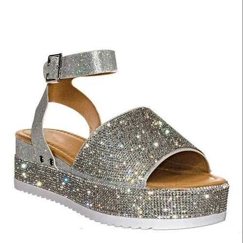 Amozae  Women Crystal Platform Sandal Woman Bling Buckle Metal Shoes Summer Female Wedges Ladies Beach Footwear Slides Plus Size 43