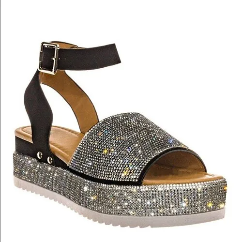 Amozae  Women Crystal Platform Sandal Woman Bling Buckle Metal Shoes Summer Female Wedges Ladies Beach Footwear Slides Plus Size 43