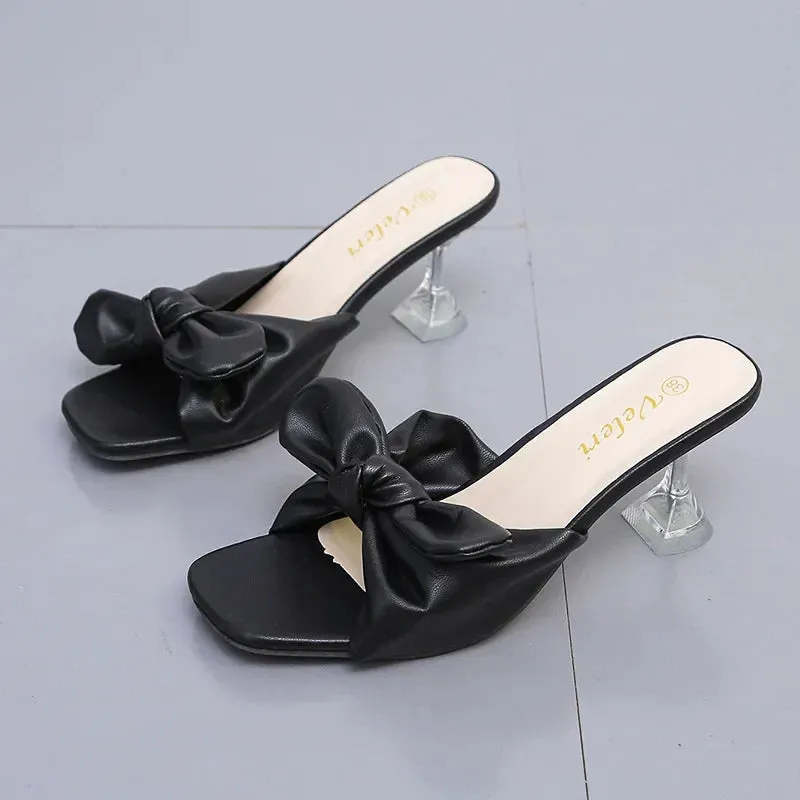 ARWEN&AJH GROUP مجموعة اروين التجاريه2024   Women Fashion Summer Crystal Sandals Rhinestone Bow Tie Heel Open Toe Shoes Designer Square Slippers Slip on Ladies Beach Slides
