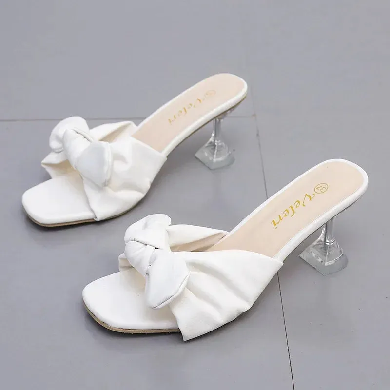 ARWEN&AJH GROUP مجموعة اروين التجاريه2024   Women Fashion Summer Crystal Sandals Rhinestone Bow Tie Heel Open Toe Shoes Designer Square Slippers Slip on Ladies Beach Slides