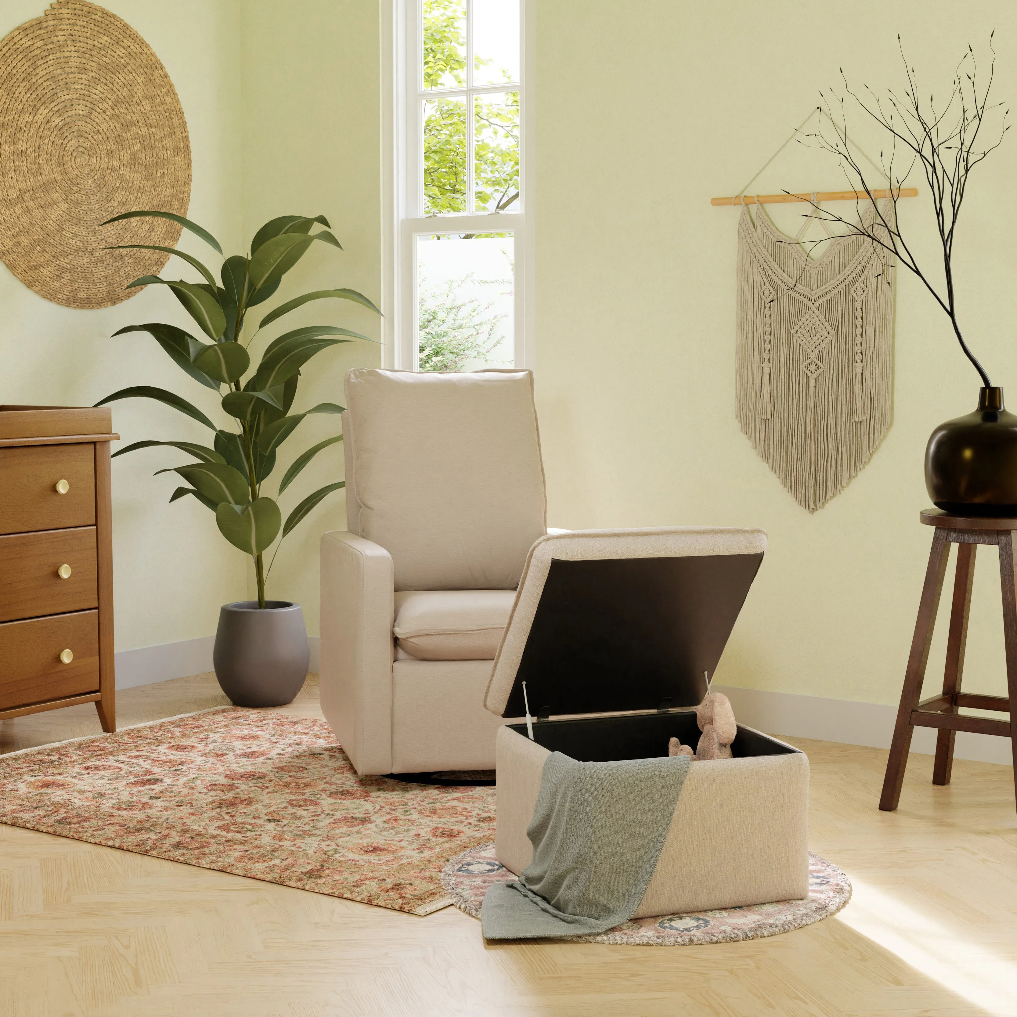 Babyletto Cali Storage Ottoman in Eco-Performance Fabric with USB port | Water Repellent & Stain Resistant