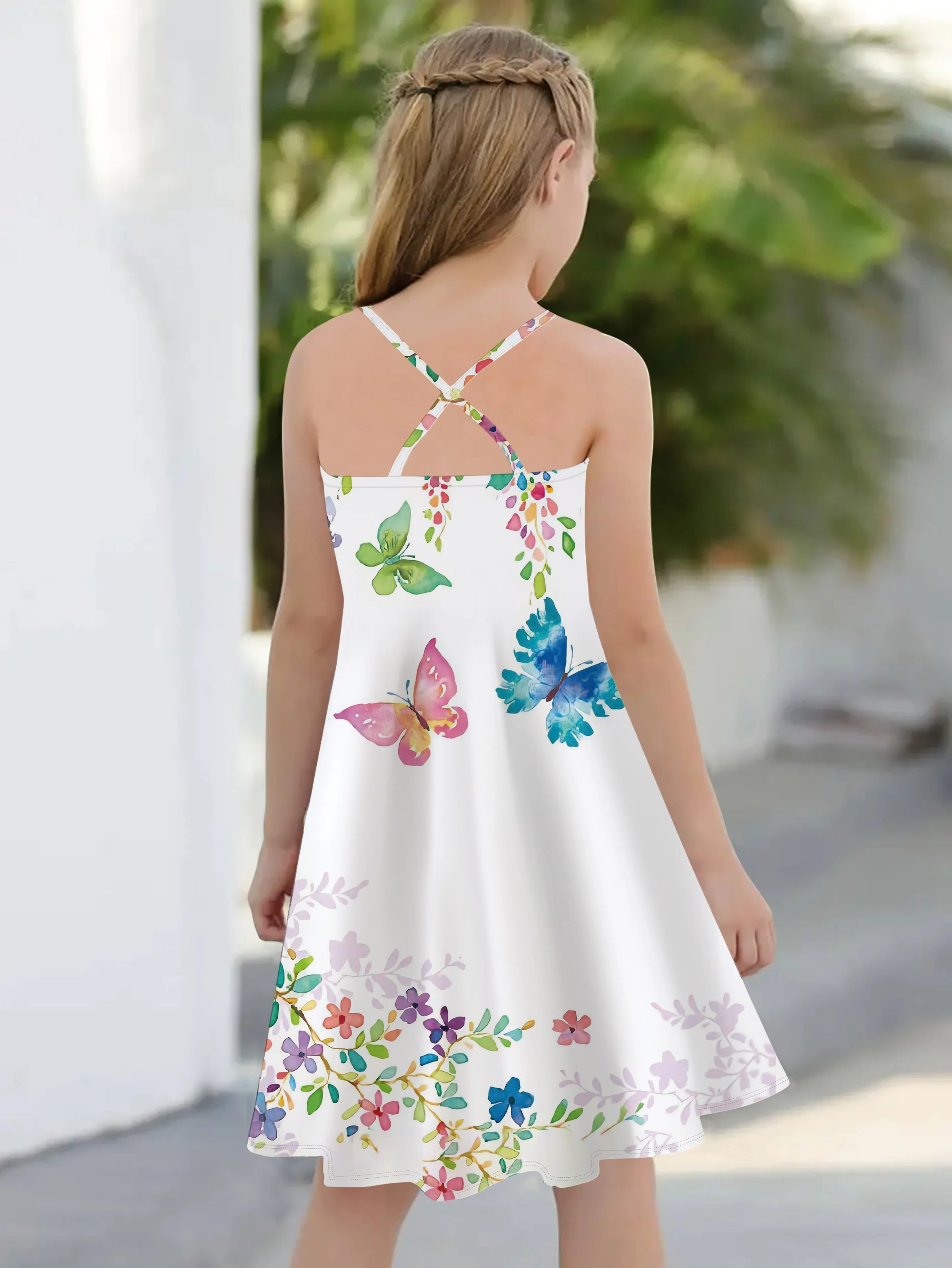 Charming Butterfly-Print Cami Dress for Girls - Crisscross Back, Breathable & Ideal for Beach Vacations