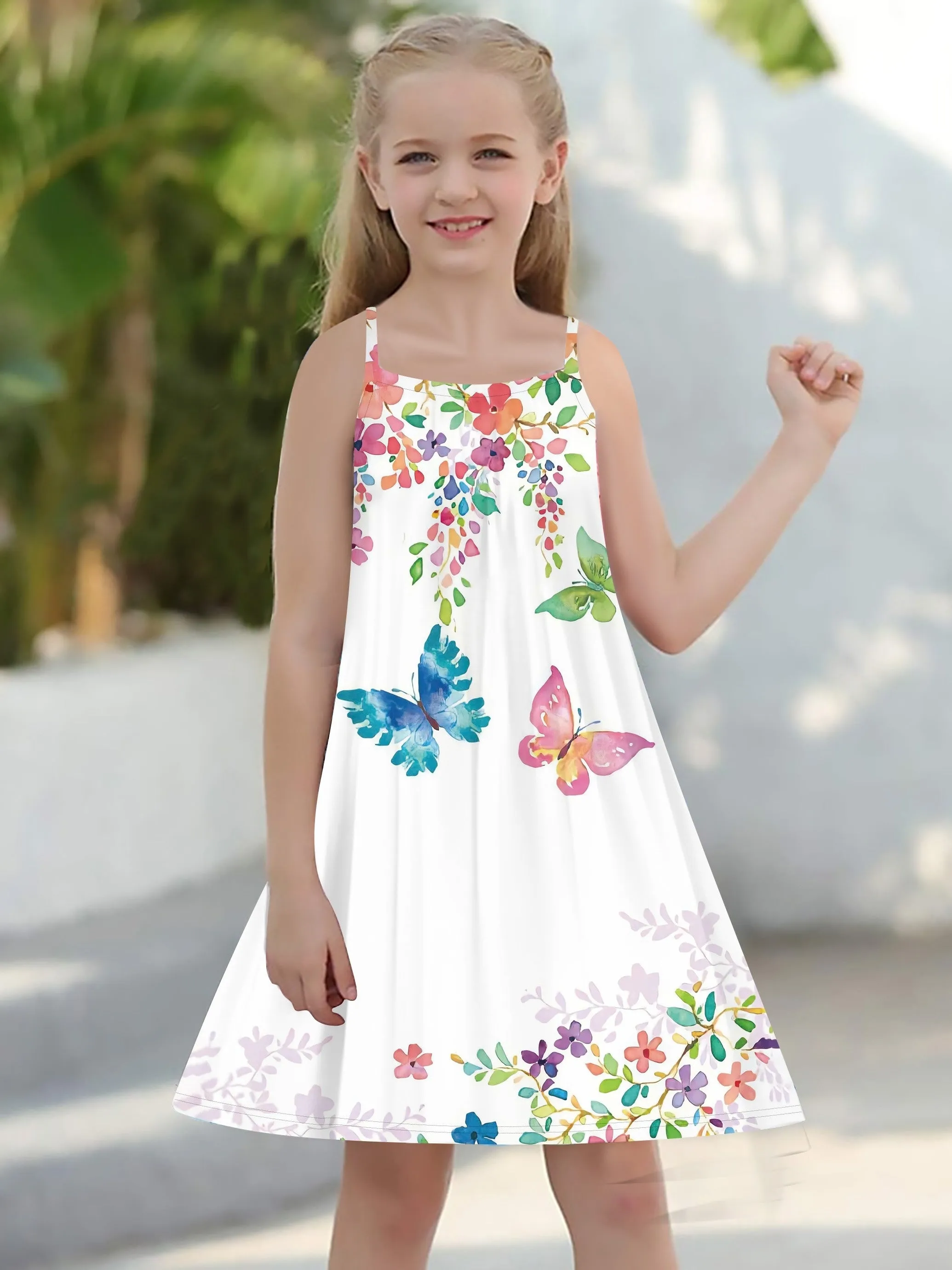 Charming Butterfly-Print Cami Dress for Girls - Crisscross Back, Breathable & Ideal for Beach Vacations