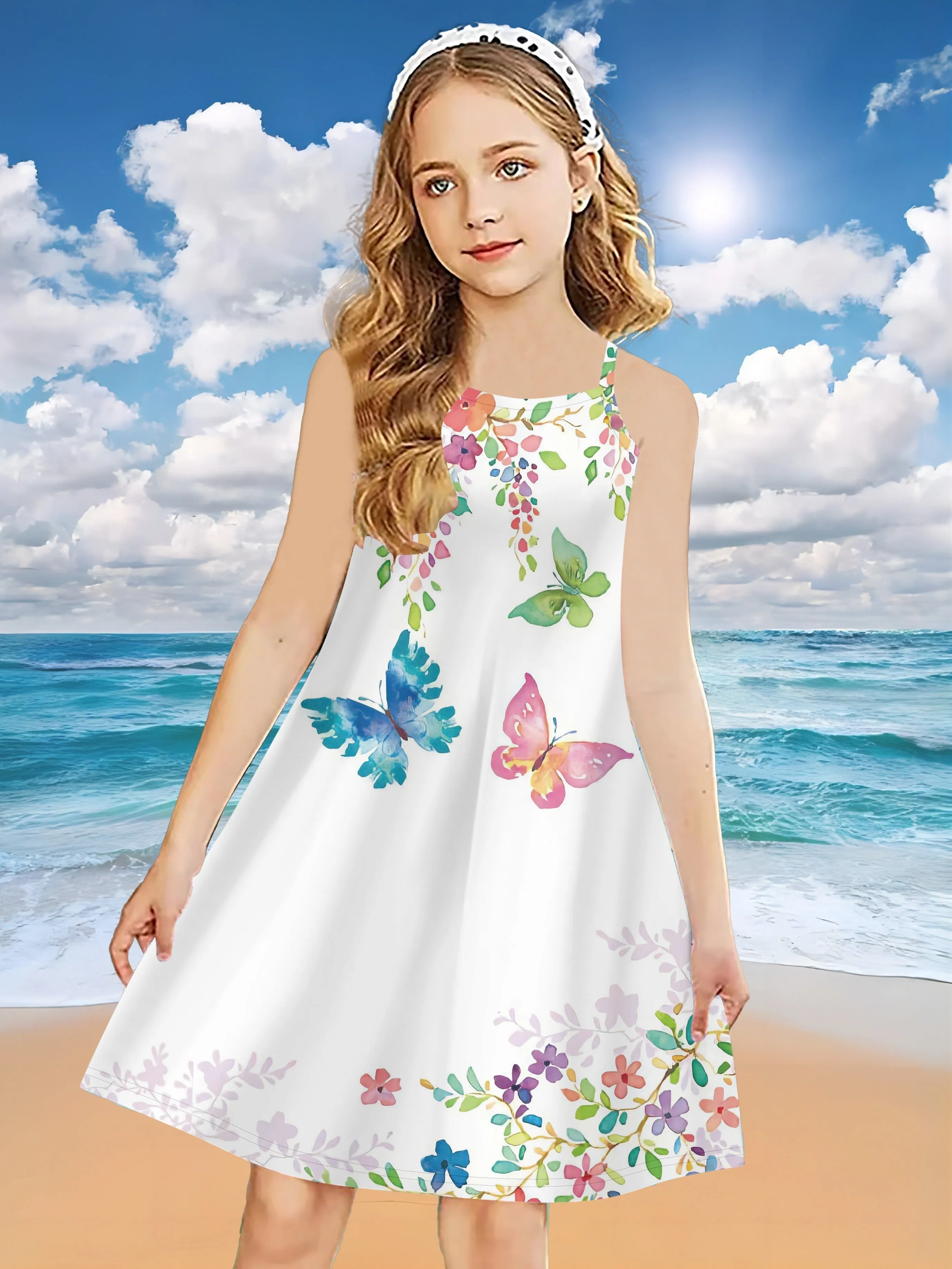 Charming Butterfly-Print Cami Dress for Girls - Crisscross Back, Breathable & Ideal for Beach Vacations