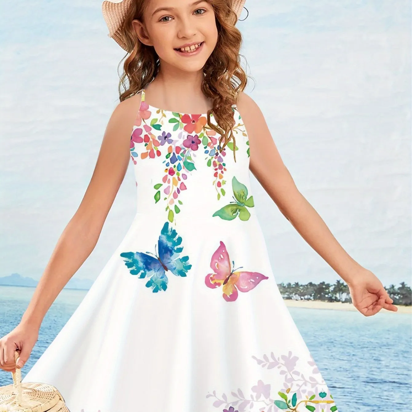 Charming Butterfly-Print Cami Dress for Girls - Crisscross Back, Breathable & Ideal for Beach Vacations
