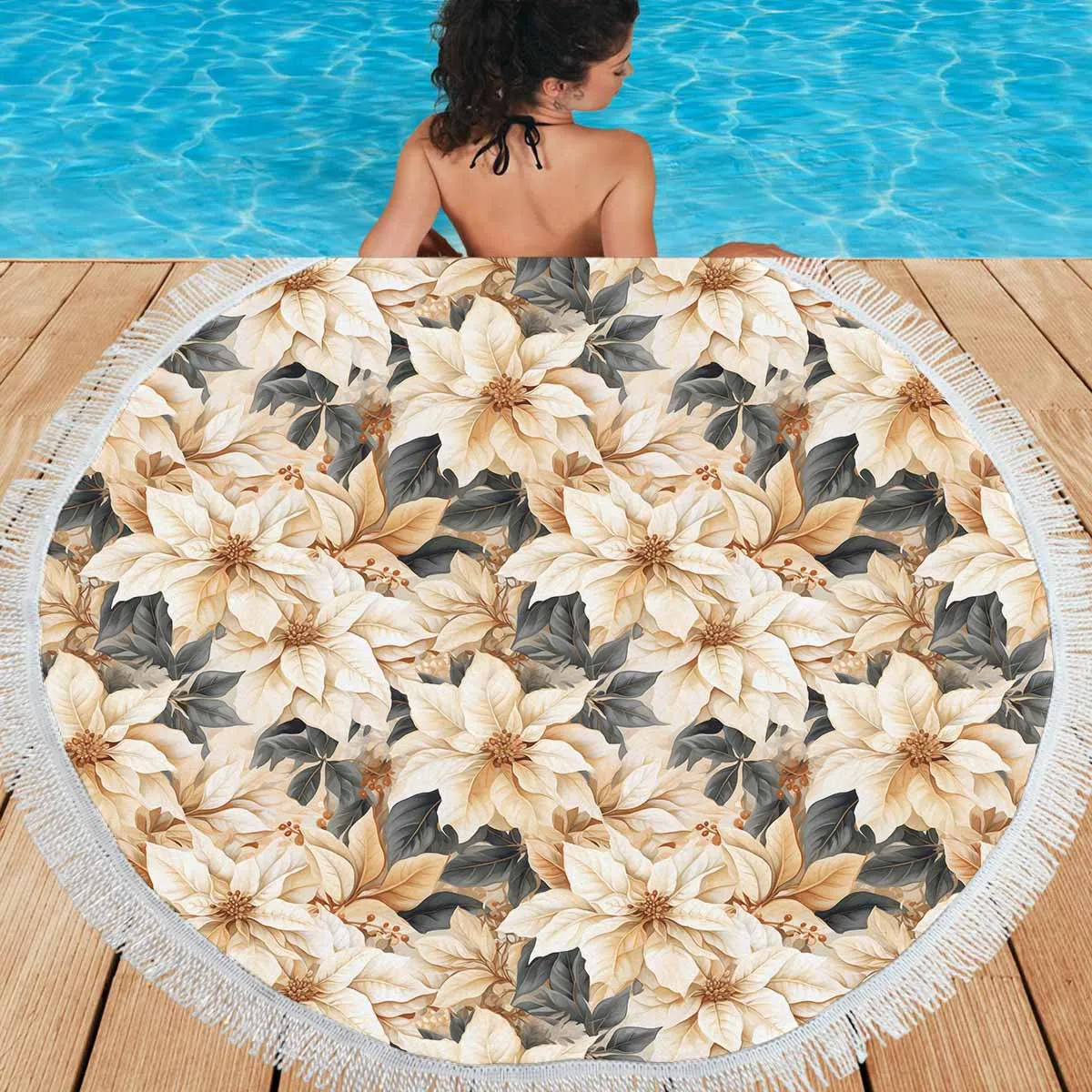 Cream Poinsettia2  Circular Beach Shawl 59"