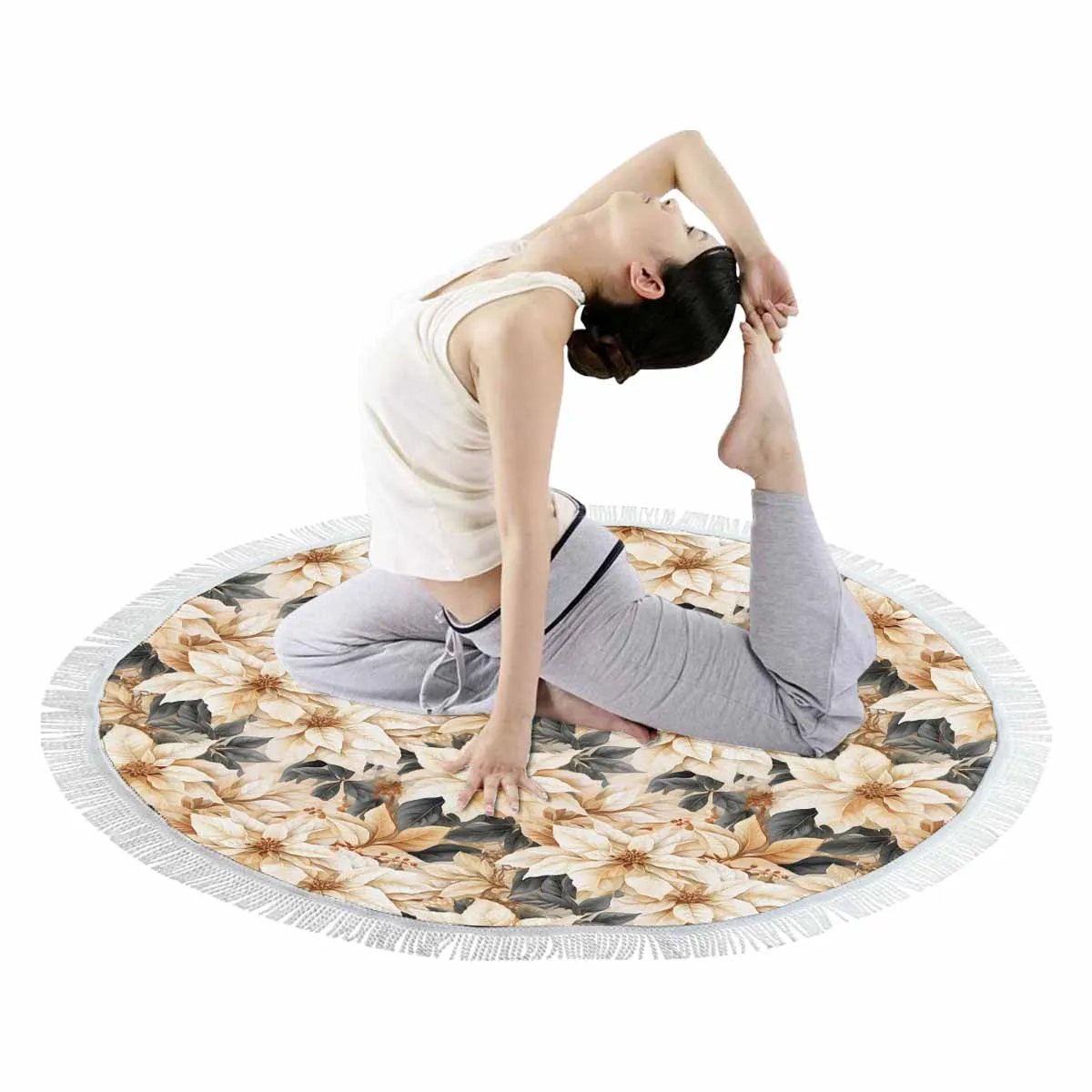Cream Poinsettia2  Circular Beach Shawl 59"
