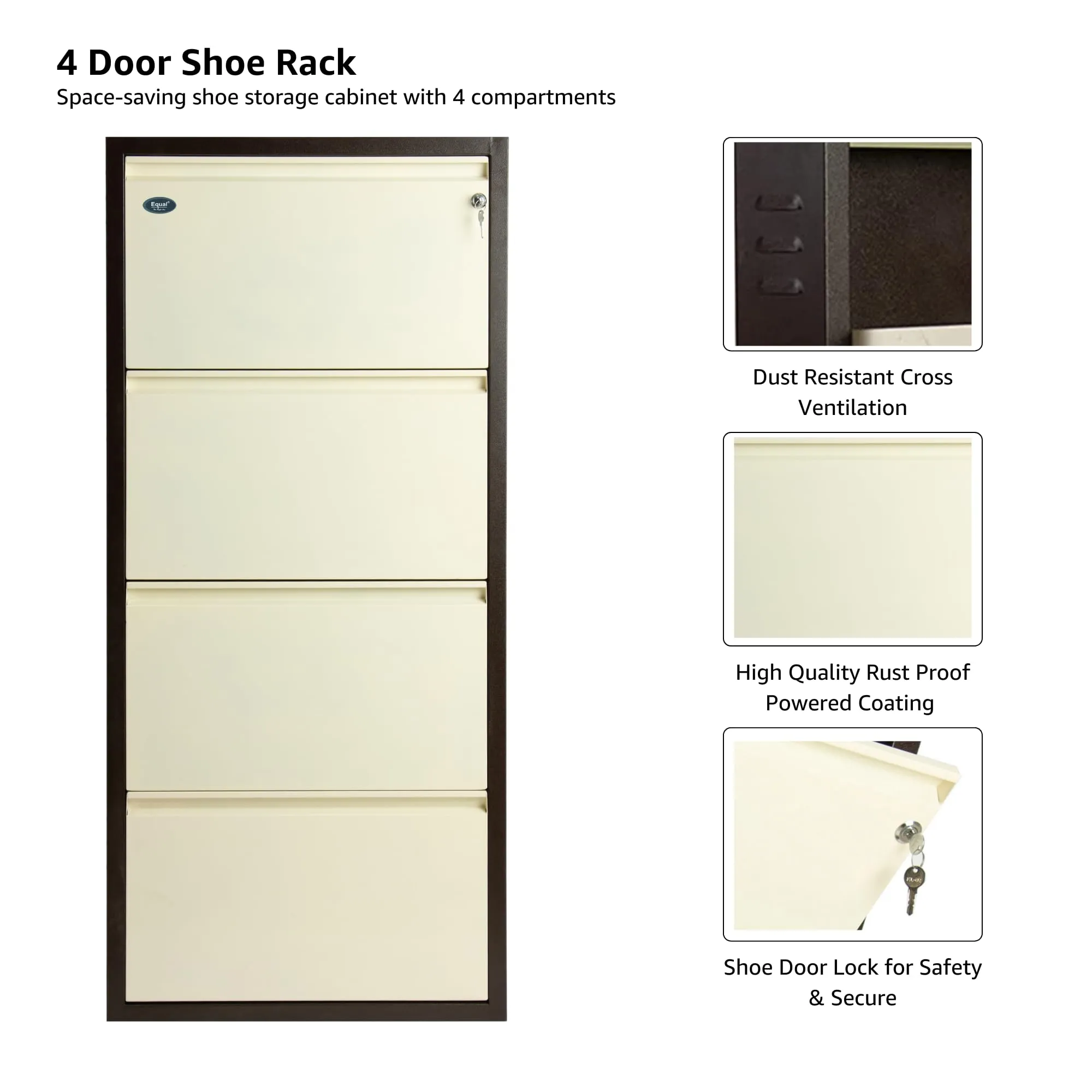 EQUAL 4 Door Mild Steel Shoe Rack for Home | Wall Mounted Metal Shoe Rack | 3 Year Warranty | Chappal Stand Organizer with Lock (15 x 65.5 x 143cm - White & Brown)