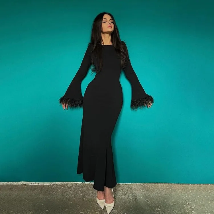 Fashion Feather Sleeve Dress Women Sexy Long Bodycon Dress Autumn Elegant Slim Wrap Dress Lady Black O-Neck Evening Party Dress