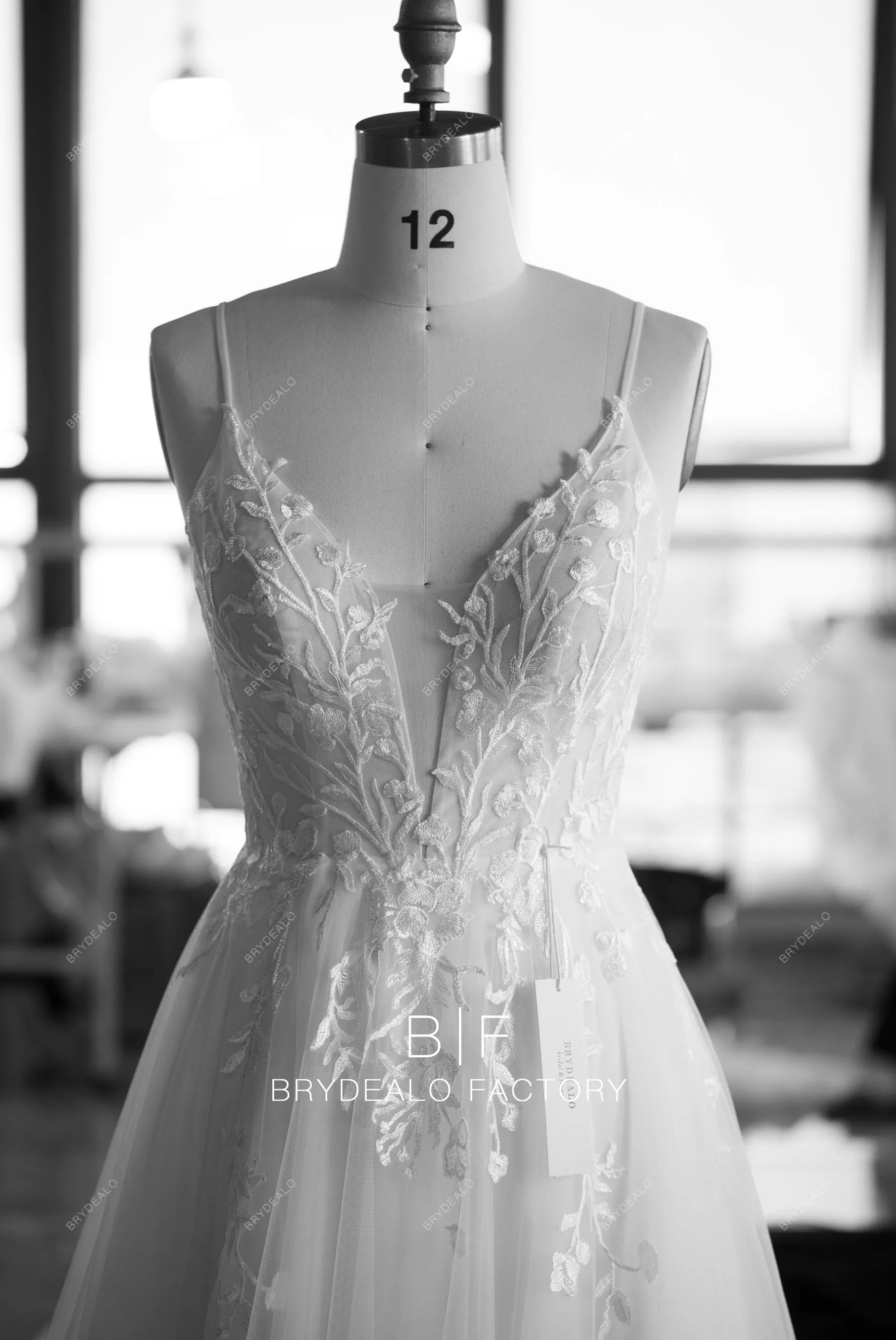 Floral embroidered Lace Plunging Neck Spring Fall Wedding Dress