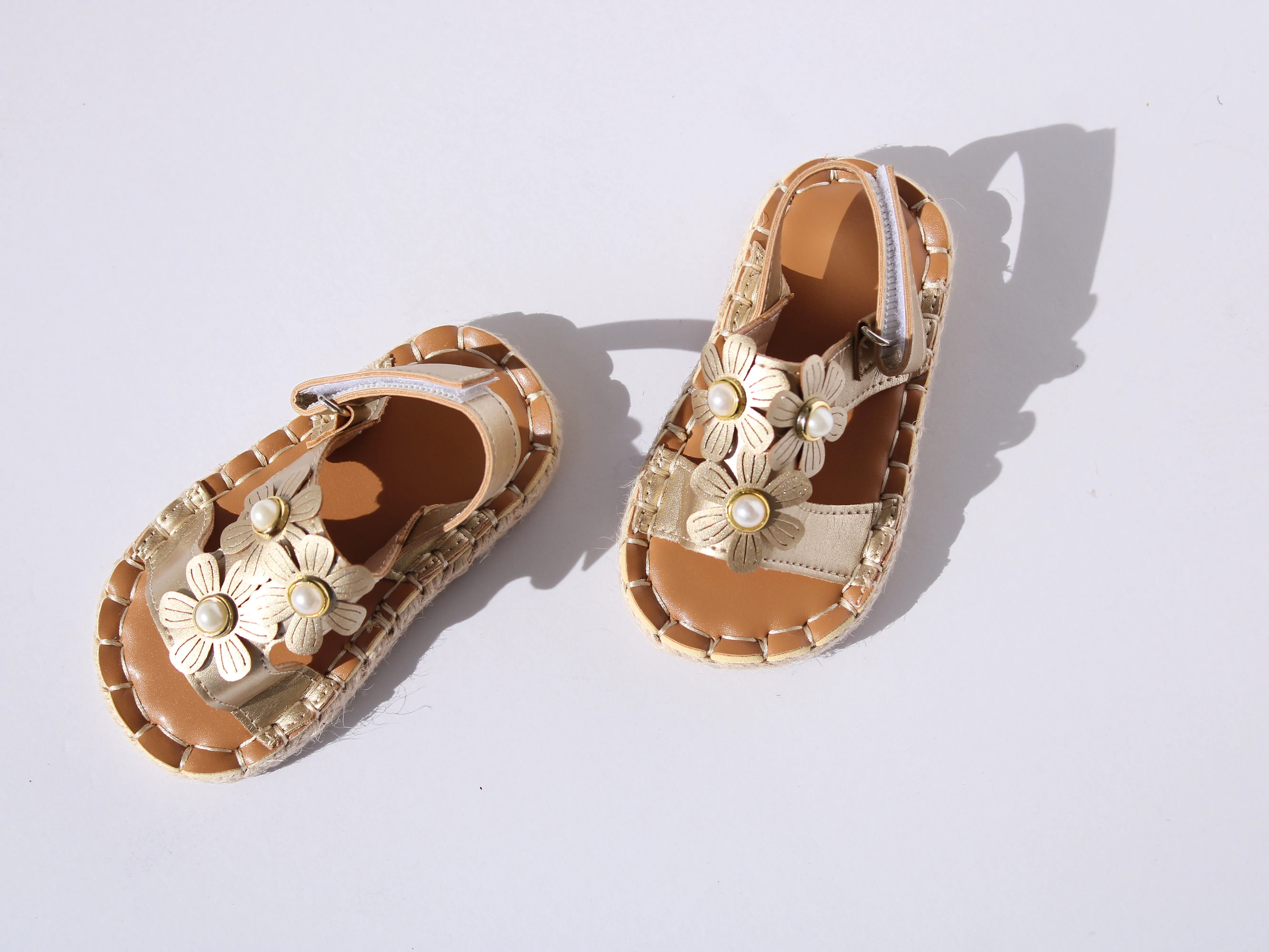 Golden Floral Sandals with Pearl Accents