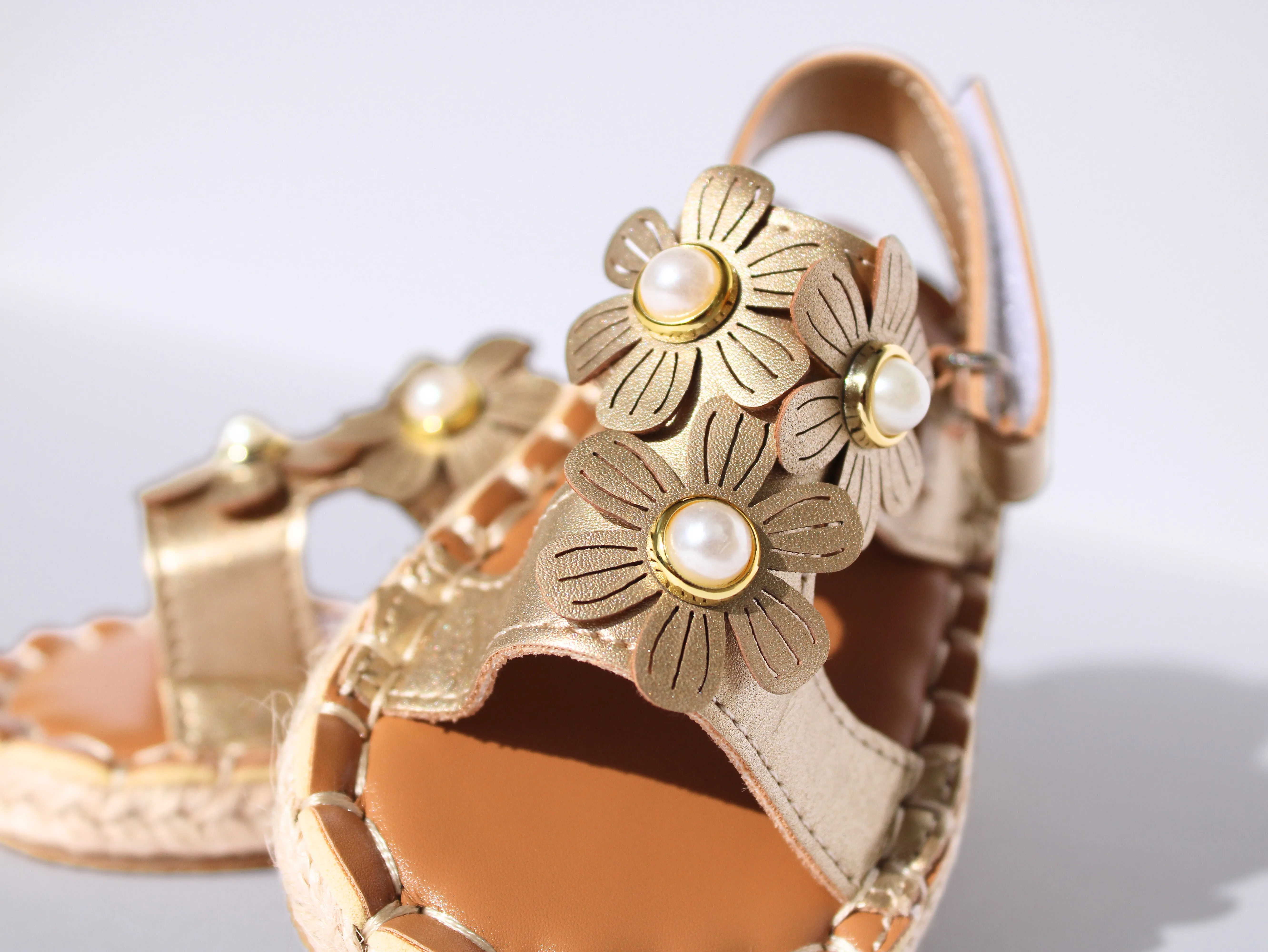Golden Floral Sandals with Pearl Accents