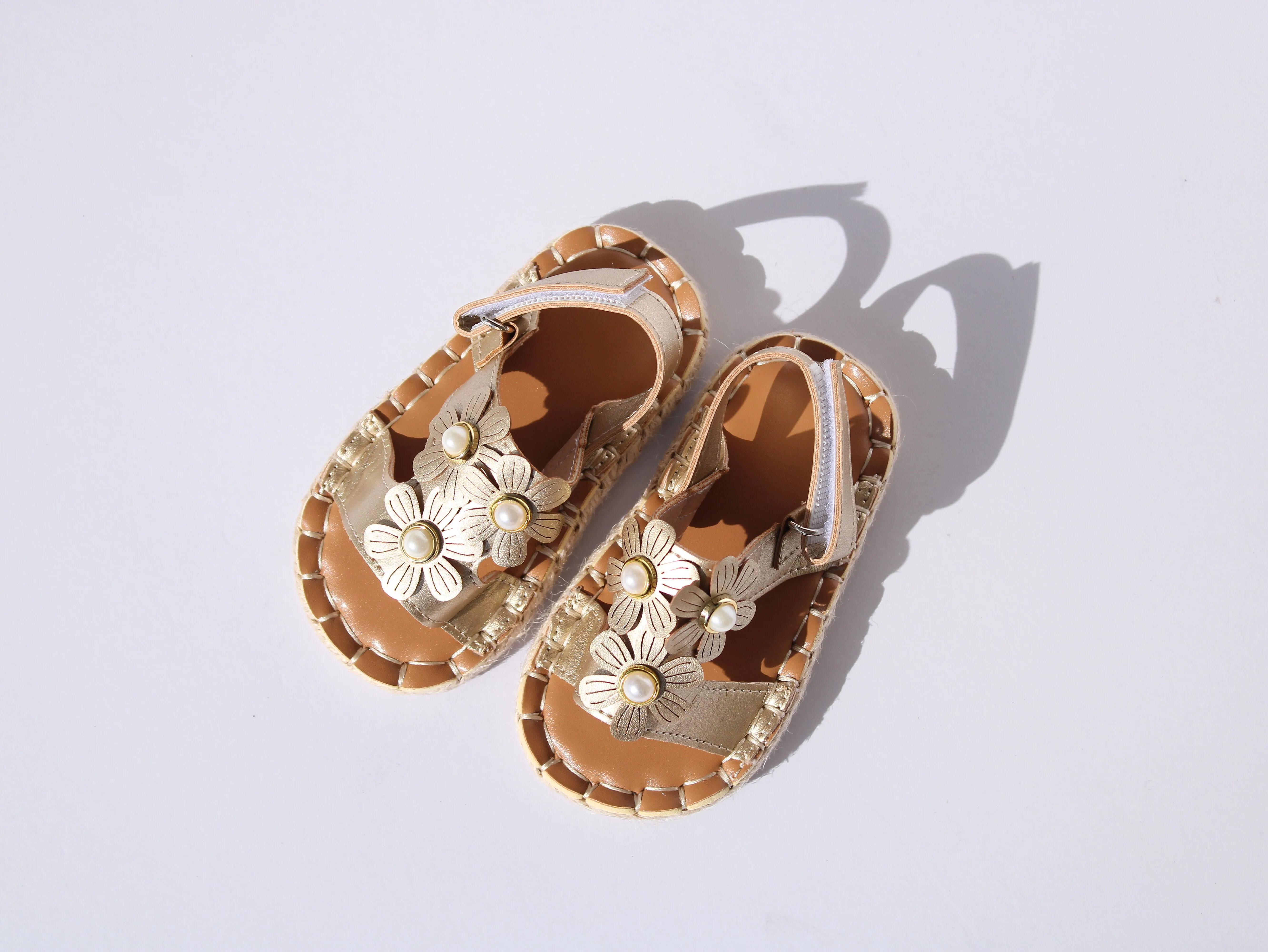 Golden Floral Sandals with Pearl Accents