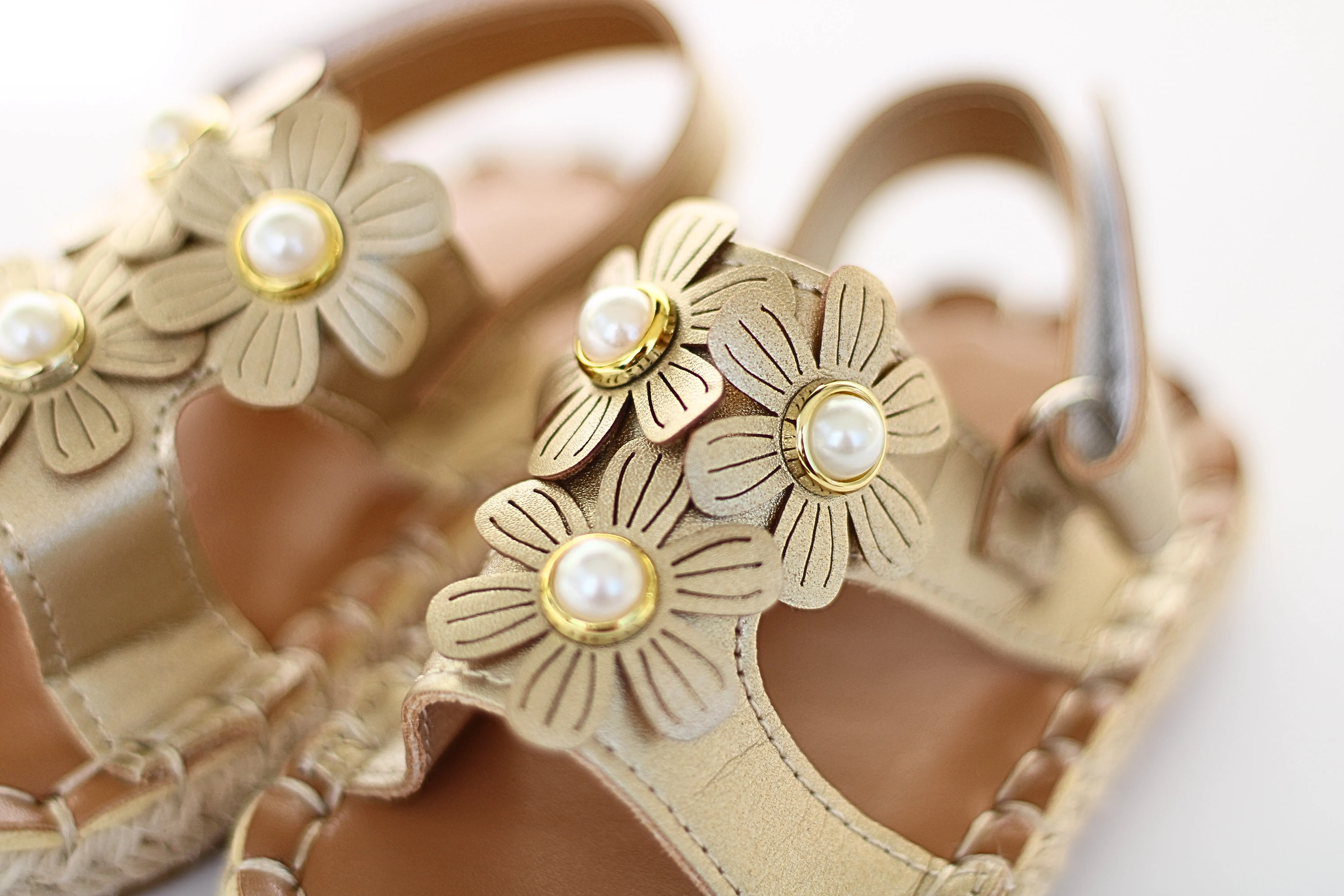 Golden Floral Sandals with Pearl Accents