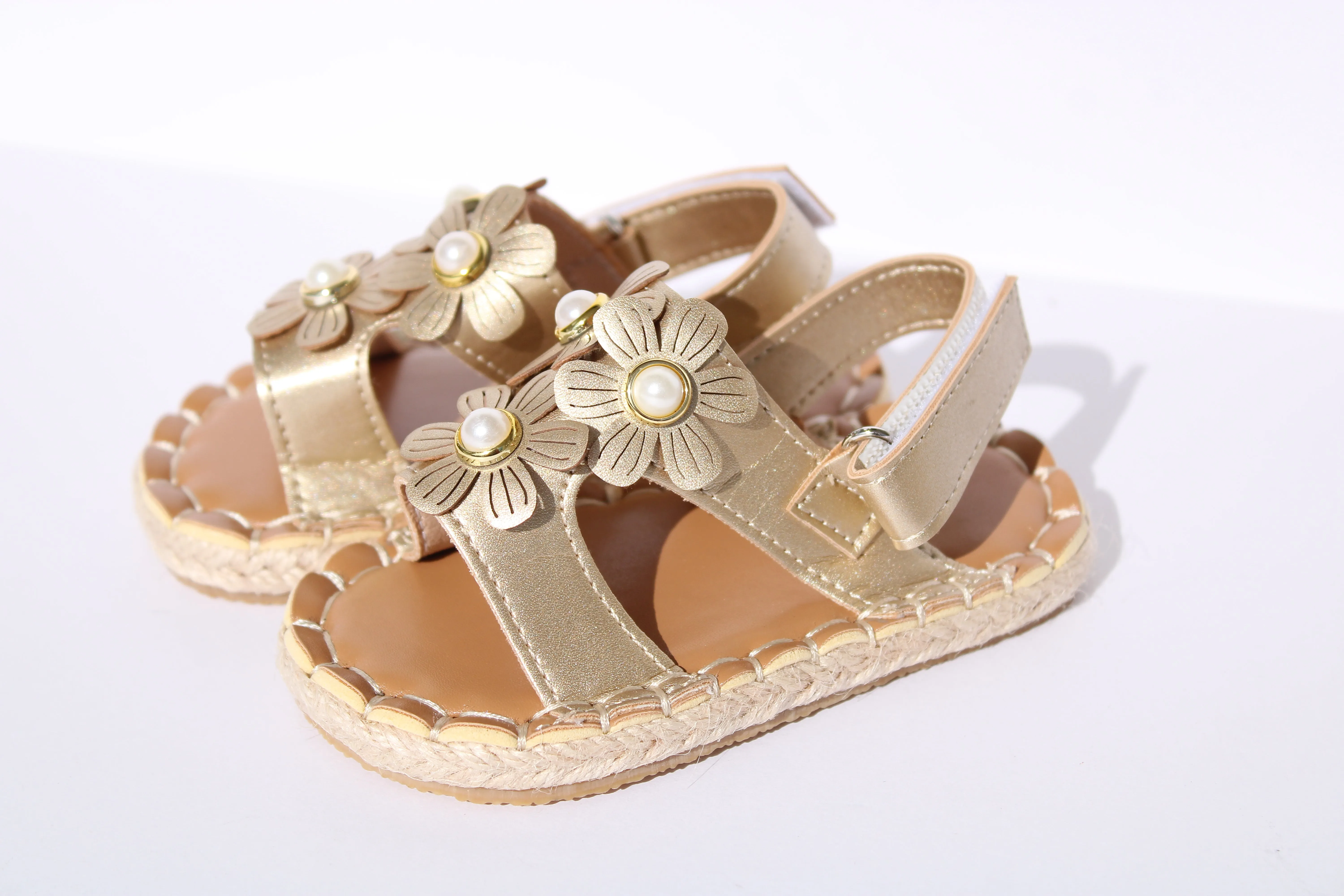 Golden Floral Sandals with Pearl Accents