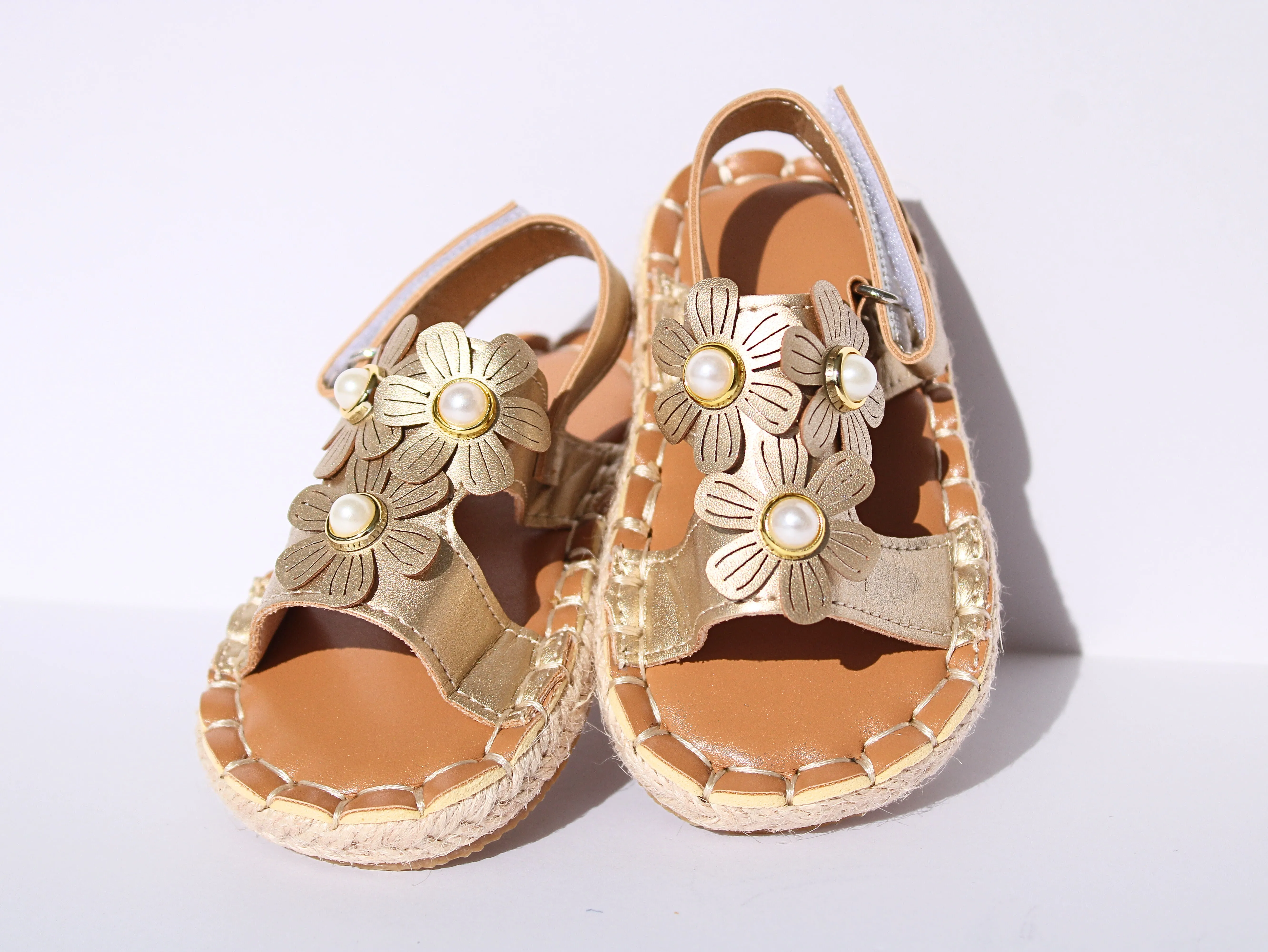 Golden Floral Sandals with Pearl Accents