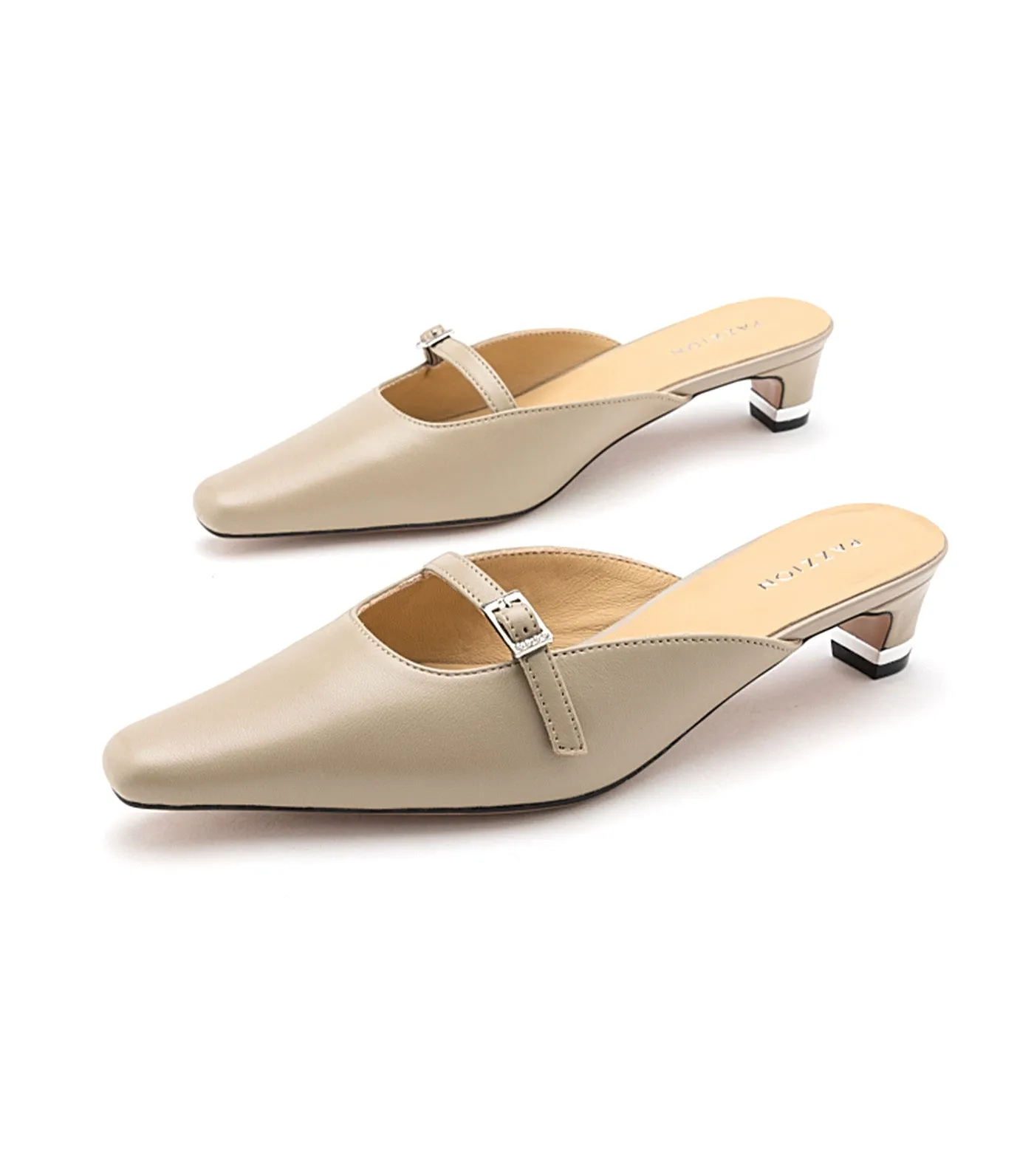 Hera Buckle Strap Heel Mules Khaki